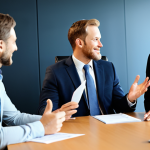 A diverse group of professional individuals, male and female, in modest business attire, fully clothed, appropriate attire, collaborating actively in a modern, well-lit conference room. They are engaged in animated discussions, exchanging ideas and networking naturally, showcasing professional development and mentorship. The scene emphasizes positive interaction and a supportive community. perfect anatomy, correct proportions, natural pose, well-formed hands, proper finger count, natural body proportions, safe for work, appropriate content, family-friendly, professional photography, high quality, studio lighting.