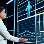 A professional woman, an adult learner, fully clothed in a modest business casual dress, engaging with a holographic interactive display showing personalized learning data and progress charts. The setting is a bright, futuristic learning center with subtle, glowing data streams and knowledge symbols in the background. Safe for work, appropriate content, fully clothed, professional attire, perfect anatomy, natural pose, correct proportions, well-formed hands, natural body proportions, high-resolution, sharp focus, professional photography.