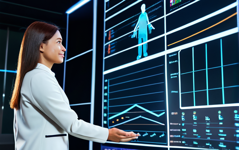 A professional woman, an adult learner, fully clothed in a modest business casual dress, engaging with a holographic interactive display showing personalized learning data and progress charts. The setting is a bright, futuristic learning center with subtle, glowing data streams and knowledge symbols in the background. Safe for work, appropriate content, fully clothed, professional attire, perfect anatomy, natural pose, correct proportions, well-formed hands, natural body proportions, high-resolution, sharp focus, professional photography.