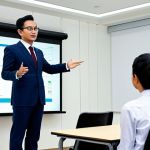 A professional Lifelong Educator (Pendidik Sepanjang Hayat) in a modest business suit, standing confidently at the front of a modern corporate training room. The educator is engaging with a diverse group of adult learners, gesturing towards a large interactive screen displaying a professional presentation. The atmosphere is collaborative and focused, conveying expertise and effective communication. perfect anatomy, correct proportions, natural pose, well-formed hands, proper finger count, natural body proportions, fully clothed, modest clothing, appropriate attire, professional dress, safe for work, appropriate content, professional, high quality, studio lighting.