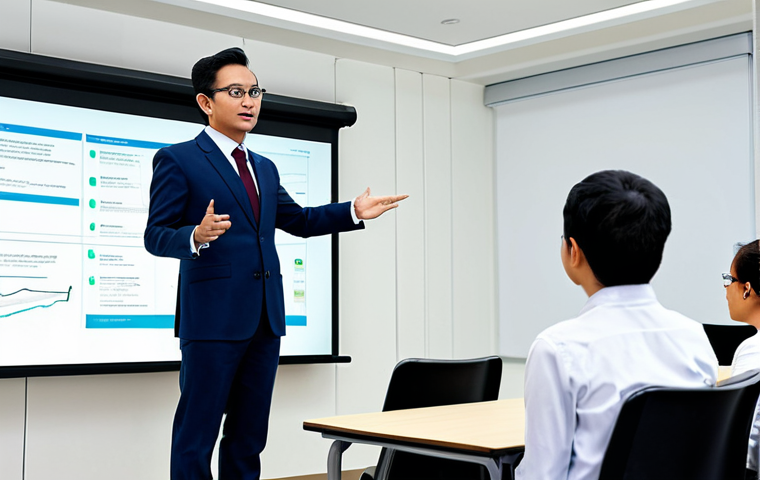 A professional Lifelong Educator (Pendidik Sepanjang Hayat) in a modest business suit, standing confidently at the front of a modern corporate training room. The educator is engaging with a diverse group of adult learners, gesturing towards a large interactive screen displaying a professional presentation. The atmosphere is collaborative and focused, conveying expertise and effective communication. perfect anatomy, correct proportions, natural pose, well-formed hands, proper finger count, natural body proportions, fully clothed, modest clothing, appropriate attire, professional dress, safe for work, appropriate content, professional, high quality, studio lighting.